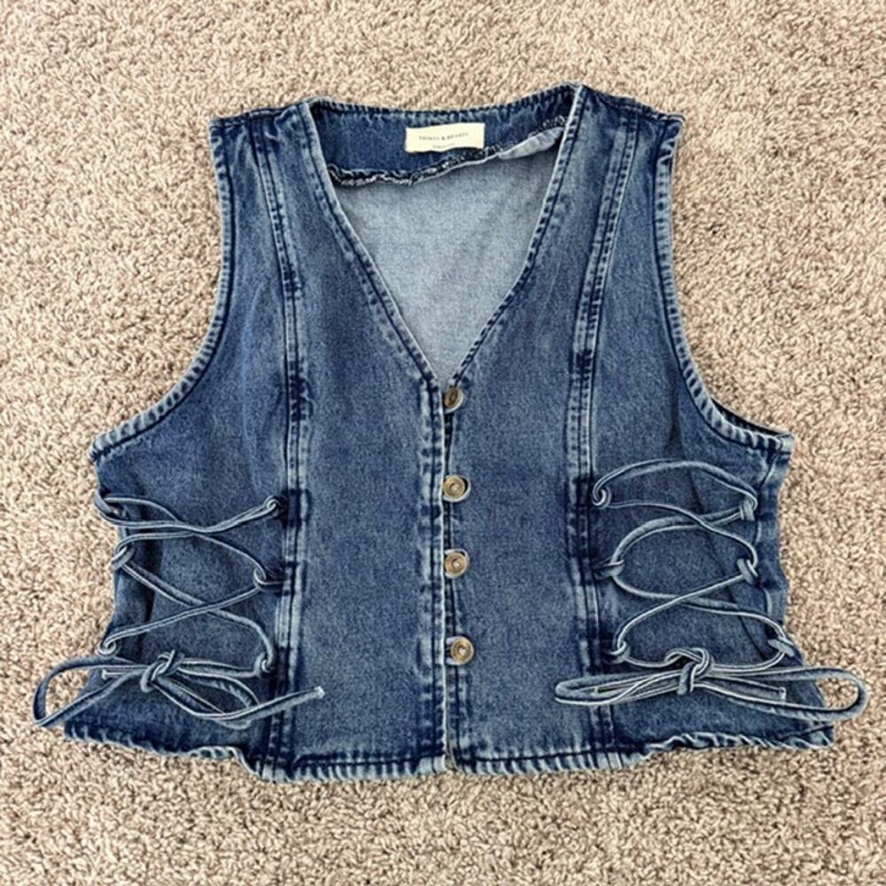 Saints & Hearts Denim Vest Medium Wash Side-Tie Button-Down Women's Medium